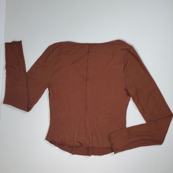 Free People Women's Shirt Medium Brown Long Sleeve Henley Ribbed V-Neck Basic - Picture 2 of 9